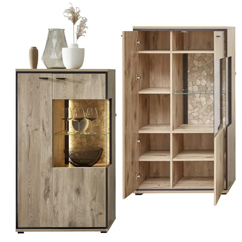 Lomadox Wohnmöbel Set Wohnwand inkl. Beleuchtung braun 5-teilig Modern, 1 Couchtisch, 1 Vitrine, 1 Highboard, 1 Lowboard, 1 Wandboard – Bild 5