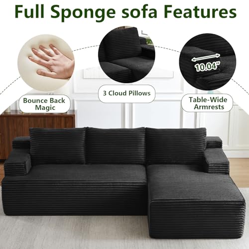 Image of 96 inch Modular Sectional Sofa, Modern Corduroy Cloud Couch with Side Pockets, Boneless Couch Upholstered 3-Seater L-Shaped Sofa for Living Room, No Assembly Required (Black, Right-Facing Chaise)
