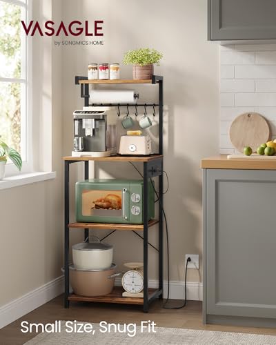 Image of VASAGLE BARNET Collection - Kitchen Bakers Rack with Power Outlet, 17.7-Inch Wide Coffee Bar 4-Tier with 8 S Hooks, Modern Microwave Stand, Adjustable Shelf, Rustic Brown and Ink Black UKKS013KD01
