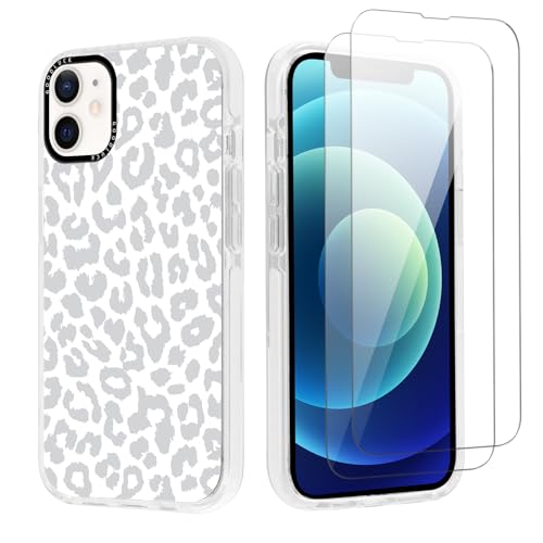 lioscre Cheetah Print Phone Case for iPhone 12 Mini 5.4" Case with 2 Pack Tempered Screen Protector, Cute Leopard Pattern Design Shockproof TPU Soft Clear Protective Funda Cover for Women Girls, White