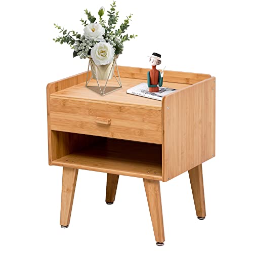 Nightstand Mid-Century Modern Bedside Table With Drawer, Small Nightstand With Adjustable Foot Pad For Bedroom, Recyclable Bamboo (Natural Bamboo) #TOP7
