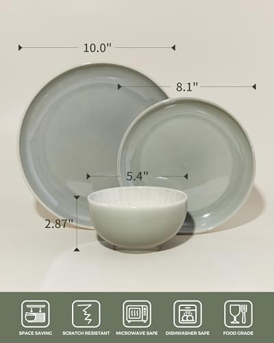 Image of Pokini Stoneware Dinnerware Sets for 6, Microwave Safe Plate and Bowl Set, Easy to Clean & Durable Dishes Sets for Small to Medium Families, Gray Green
