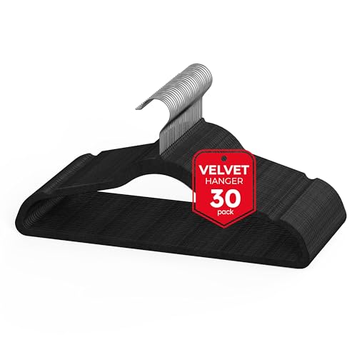 Simple Deluxe Velvet Hangers 30 Pack, Heavy Duty Coat Suit Hangers for Closet Space Saving, Non-Slip Clothes Hangers with Shoulder Notches, 360° Swivel Hooks, Black