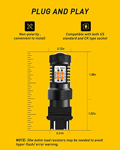 Image of AUXITO Amber Yellow 3056 3057 3156 3157 4157 3030 Chipsets SMD LED Bulbs with Projector for Car Turn Signal Lights, (Pack of 2)