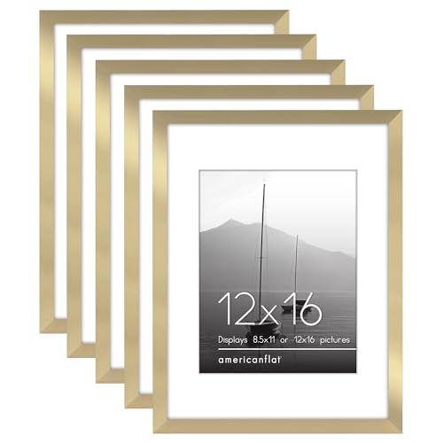 Americanflat 12x16 Picture Frame with Polished Plexiglass - Set of 5 - Use as 8.5x11 Frame with Mat or 12x16 Frame Without Mat - Galleria Collection - Gallery Wall Frame Set for Wall Display - Gold