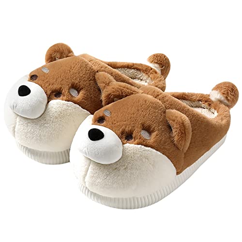 House Women's Cute Akita Dogs Slippers - Warm Soft Plush Fluffy Cartoon Animal Home Shoes with Anti-Skid Rubber 4CM Thick Soled