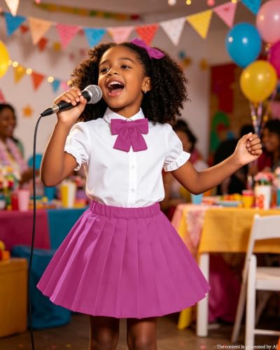 Image of Betusline Girls Skirt Set JK School Uniform 2-Piece Outfit - Short Sleeve Shirt with Bow & Pleated Skirt 4T-14Y