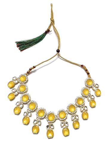 SHARVARI IMITATION JEWELLERY Lemon yellow kundan necklace set with studded earings and maangtika - Image 3