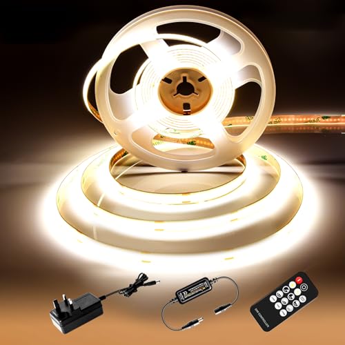 luktix COB LED Strip 5M,4000K Natural White LED Strips, 24V Dimmable LED Strip Lights, CRI92+,8mm Width, with Remote Control and UKCA Power Supply,for Home Decoration, Kitchen, Mirror
