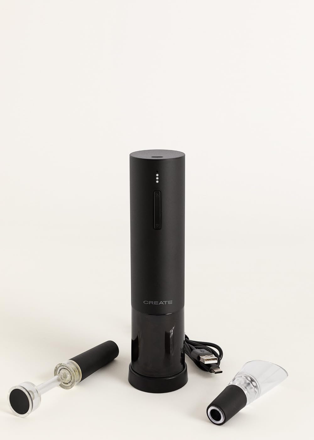 CREATE/WINE OPENER/Tire-bouchon électrique avec accessoires noir/Autonomie pour 50 bouteilles, 4 vitesses, indicateur de batterie, 4 accessoires, chargeur USB-C, 15W
