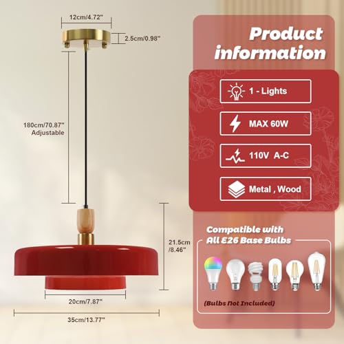Image of Mid-Century Pendant Light Kitchen Island Chandelier Light Fixture Vintage Small Ceiling Light with 2-Tiers Metal Shade for Dining Room Living Room (Red)