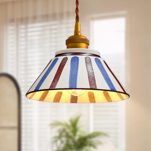 Vintage Striped Ceramic Pendant Light, 7in Hand-Painted Small Porcelain Hanging Light with Gold...