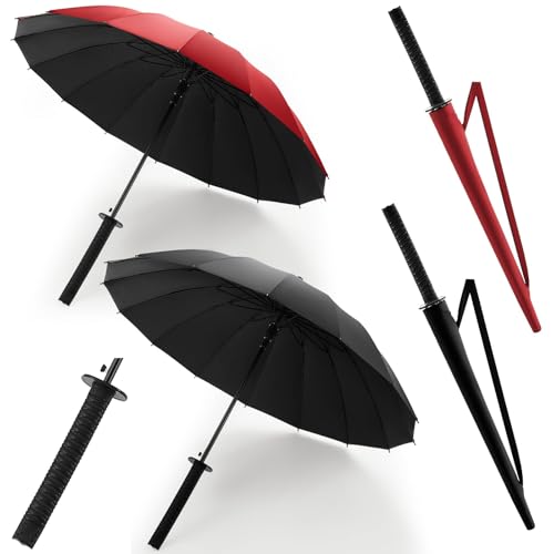 Talltalk 2 Pcs Samurai Umbrella Semi-automatic Katana Sword Umbrella Gifts for Men Women Cosplay Windproof Sun and Rain Protection Outdoor (Black Red)