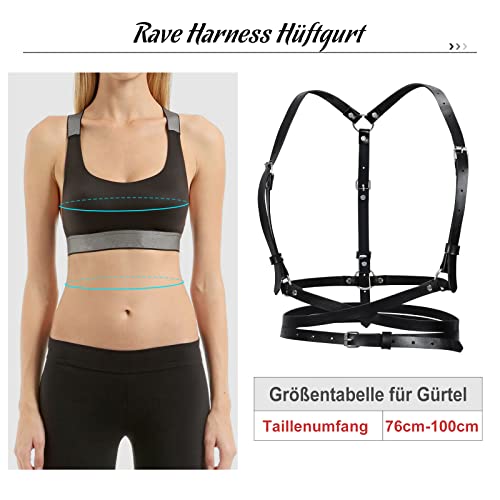JasGood Punk Leder Body Harness Taillenkette Gürtel Schwarz Brust Ketten Zubehör für Damen und Mädchen