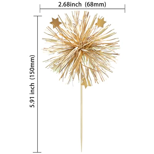 Ephlyn 30Pcs Foil Firework Cupcake Toppers Party Birthday Cake Toppers Supplies Sparkle Tinsel Cocktail Fruit Toothpick for Birthday Wedding Graduation Party Supplies Gold