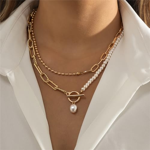 Dainty Layered Baroque Pearl OT Clasp Necklace for Women,Vintage Paperclip Pearl Chain Choker Necklace Adjustable Beaded Ball Chain Fashion Retro Charm Jewelry2