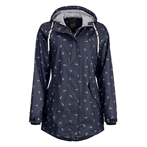 Dry Fashion Damen Regenmantel Cuxhaven mit Anker-Print - Regenjacke Jacke für Frauen mit verstellbarer Kapuze Winddicht Wasserdicht in Navy Größe 46 Cover