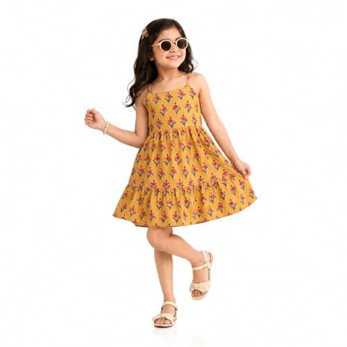 Image of The Magic Wand Kids Girls Printed Casual Dresses, Knee Length Singlet Strap Fit & Flared Cotton Once Piece Stylish Frocks for Summer Season