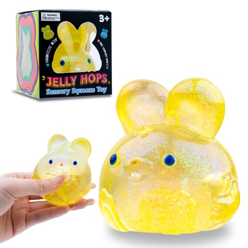 Stress Relief Glitter Bunny Squeeze Toy - Anxiety Calming Sensory Fidget Toy, Soft Squishy Ball for Kids Adults ADHD Autism, Yellow Jelly Hops