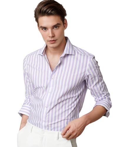 Image of IndoPrimo Men's Cotton Shirt with Full Sleeves Spread Collar Classic Style Striped Pattern Regular Fit and Standard Length