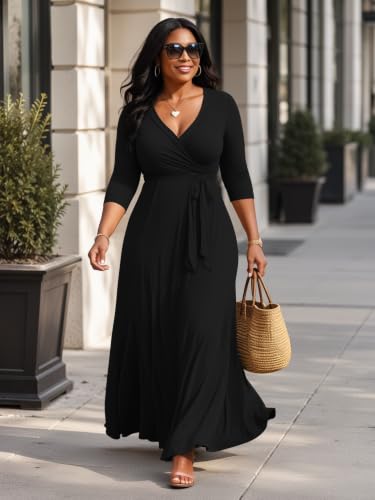 Image of Plus Size Maxi Dress for Women V Neck 3 /4 Sleeve Wrap Dresses