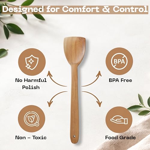 Image of Classyo Neem Wood Spoon for Cooking, Wooden Spatula for Non Stick Pan, Wood Ladle, Wooden Spoons for Cooking, Naturally Antimicrobial and Non Stick (Turner)