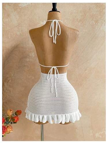 Image of GORGLITTER Women's Vacation Outfit Crochet Halter Knit Bubble Mini Dress Sexy Beach Cruise Summer Miami Resort Outfits