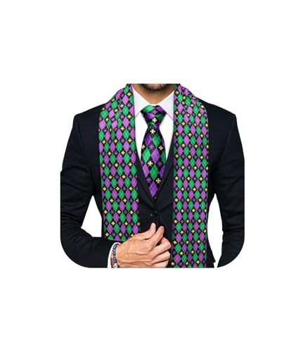 YOHOWA 2PCS Mardi Gras Scarf Necktie for Men Purple Green Gold Fleur De Lis Set Fashion Silk Lightweight Feeling Neckerchief Festival Carnival Party