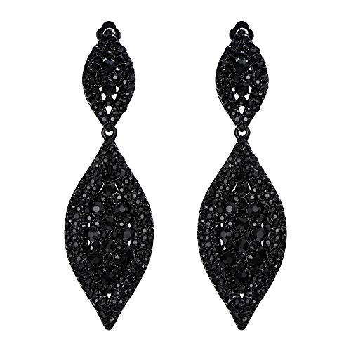 Flyonce Women's Crystal Wedding Bridal Charm 2 Leaf Drop Clip On Dangle Earrings Black Black-Tone