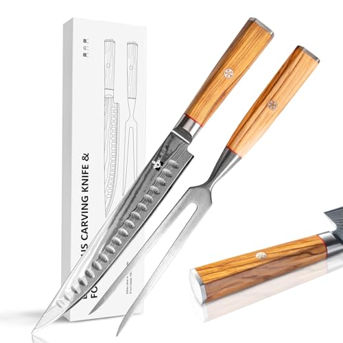 FUJUNI Damast Tranchier-Set mit Gabel, 2-teilig, Fleischmesser Mit Extrem Scharf 22,5cm Klinge Aus 67 Lagen Vg-10 Damaststahl, Gabel 28,7 cm, Olivenholzgriff, Geschenkbox
