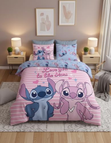 Housse de Couette Stitch et Angel Love You to The Stars - Parure de Lit 2 Personnes 240x220 cm - 52% Coton / 48% Polyester - 2 Taies d'oreiller 65x65 cm -...