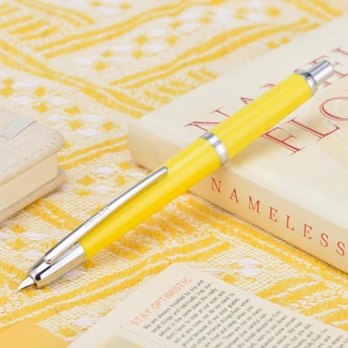 Image of GOLD LEAF Jinhao 20 Press Retractable Fountain Pen - Fine Nib with Converter - Plastic Body & Metal Clip - Multiple Colors - Smooth Writing Pen (No Ink Included) (Lemon Yellow (Silver Clip))