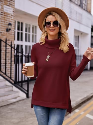 Hormtaer Pullover Damen Winter Rollkragenpullover Warm Oversized Strickpullover Rollkragen Stricken Pulli Grobstrickpullover Sport Sweatshirt Casual Lose Langarm Oberteile (Weinrot, S)