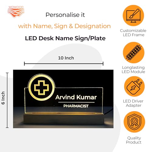 Image of Customized LED Name Plate for Office Desk Table Name Sign Birthday Gift For Doctor Pharmacist Drug Shop Medical Store Size (10 x 6 inch) (For Pharmacist)