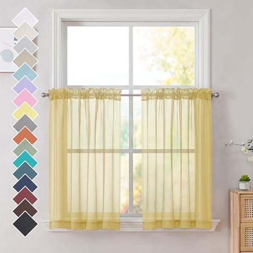 Image of OVZME Mustard Yellow Sheer Curtains, 36 inch 2 Panels Set, Light Filtering Short Voile Curtains Drapes, Rod Pocket, 42W x 36L