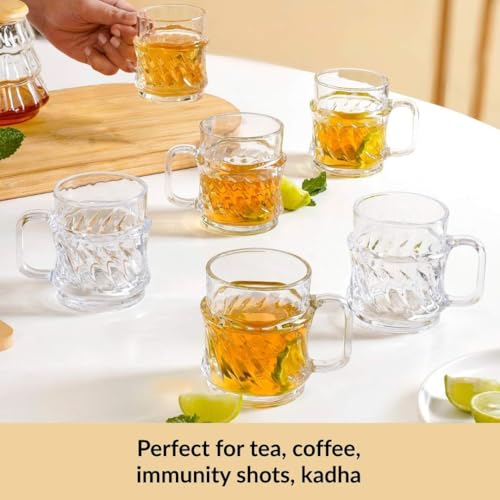 Image of Nestasia Transparent Glass Tea Cups Set of 6 (165ml Each) - Dishwasher Safe & 100% Food Safe Chai Cups with Handle for Coffee, Tea, Hot & Cold Beverages | Twisted Swirl Embossed Design