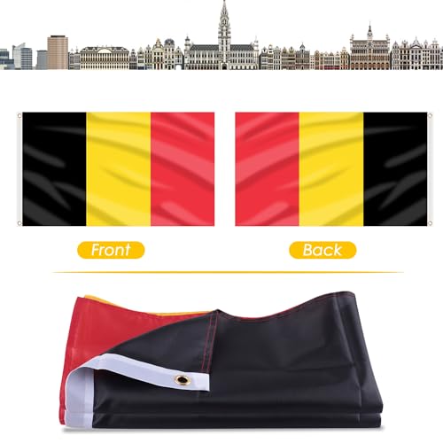 Image of AhfuLife Belgium Flag Belgian Flag 3x5 Ft, Large Belgian National Flags - Double Side with Brass Eyelets for Belgium Party Decorations, Bar Garden Street Decoration Indoor Outdoor