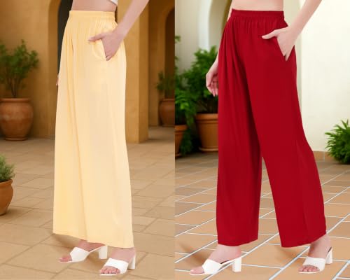 Image of Buy That Trendz Palazzo Pants for Women Rayon Elasticated Regular Fit Flared Wide Leg M to 6XL Pack of 2