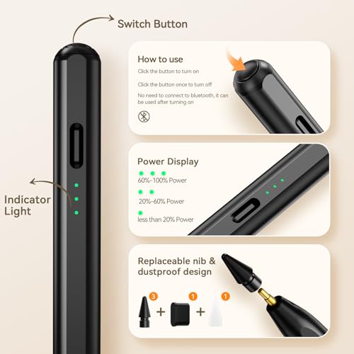 Image of Hastraith Stylus Pen for iPad(2018-2026)-13 Mins Fast Charge with Tilt Sensitivity & Palm Rejection for iPad 11 /10 /9 /8 /7 /6th Gen, Air 5 /4 /3 /M4 /M3 /M2, Pro 13 inch /12.9 inch /11 inch /M4, Mini 7 /6 /5th, Black