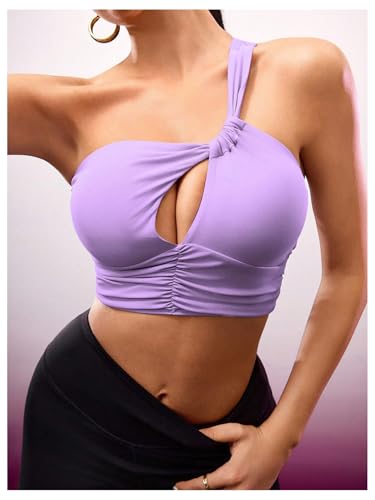 OYOANGLE Womens One Shoulder Sports Bras Twist Asymmetric Hollow Out Left Strap Yoga Workout Cute Support Sport Bras3
