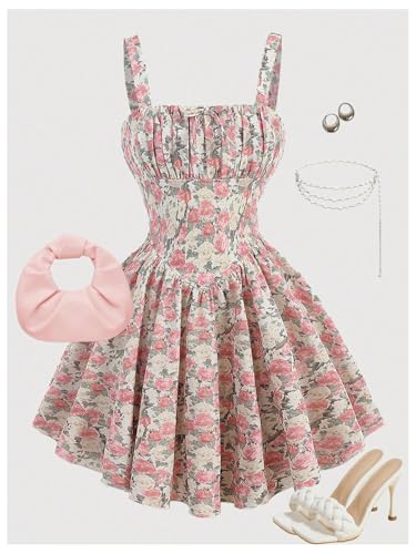 Floerns Girl's Floral Ruched Bust Corset Dress Sleeveless Ruffle Hem Boho Short Dresses4