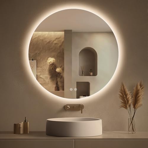 LOVESPEJO 30 Inch Round Backlit Bathroom Mirror with Lights, Circle LED Mirror for Bathroom, Fogless, Stepless Dimmable, 3 Color Changing, Memory, IP54, Shatter-Proof