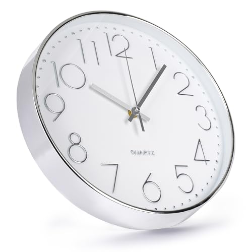 Image of Wall Clock 12 Inch Non-Ticking Silent Modern Simple Style Round Decor Clock Silver Stereoscopic Dial Quartz Wall Clocks for Home /Office /School /Living Room /Bedroom /Kitchen