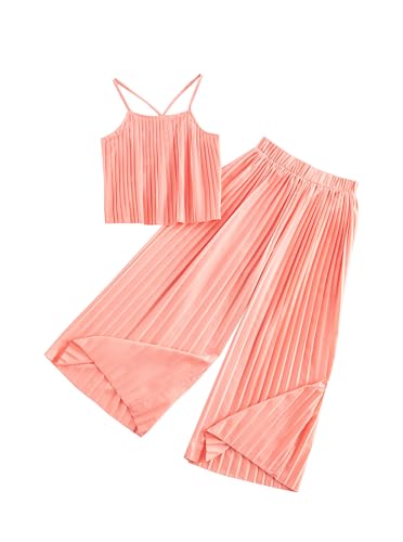Image of Hilinker Girls Pleated 2 Piece Summer Outfits Cute Cami Top and Wide Leg Pants Clothing Set Pink 7-8 Year