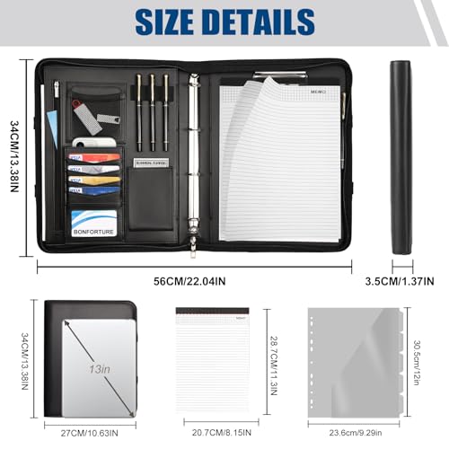 BONFORTURE Schreibmappe A4 mit 5er Register, Konferenzmappe mit 4 Ringbuch Reißverschluss Griff Klemmbrett Notizblock Stift, Dokumentenmappe Aktenmappe Ordner für Büro Business Uni Schule Schwarz
