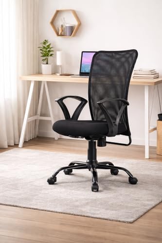 Image of Office Arm Chair with Metallic Frame, Mesh Back, Nylon Base, and Adjustable Handle, Cushion Fabric (Black)