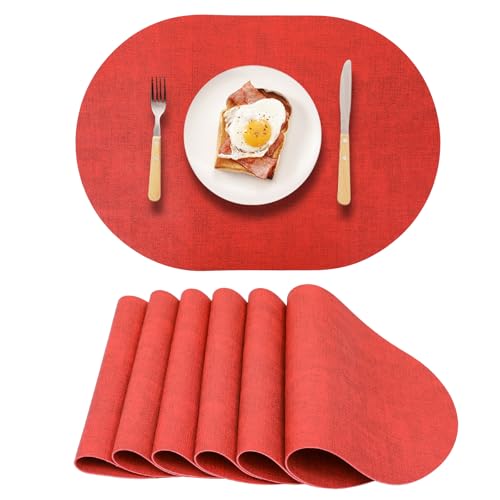 Red Placemats Set of 6 Oval,Waterproof Faux Leather Placemat Reversible,Heat Resistant Anti Slip Washable Table Placemats for Dining Table,Modern Table Protectors