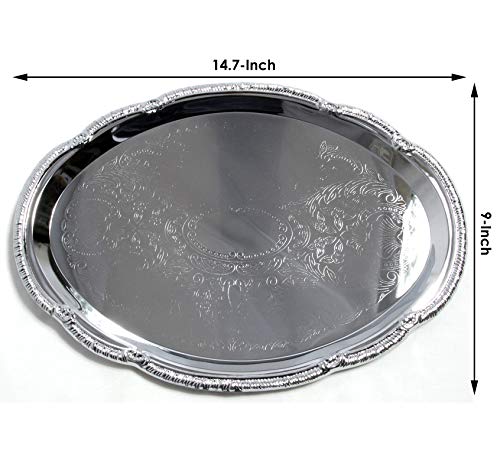 Maro Megastore (Pack Of 4) 14.7" X 10.6" Oval Shape Chrome Plated Serving Tray Plate Food Art Deco Floral Pattern Engraved Multi-Purpose Holiday Party Buffet Wedding Birthday (Large) T125L-4Pk #TOP2