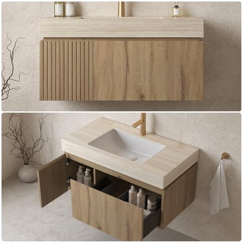Image of 36 inch Bathroom Vanity with Sink, Wall-Mounted Plywood Bathroom Storage Cabinet with Ceramic Basin & Sintered Stone Countertop, Modern Pre-Assembled Floating Vanity with Drawer & Door, Oak