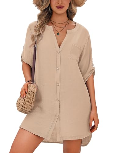 Image of Ekouaer Bathing Suit Cover Up for Women V Neck Button Down Swimsuit Coverup Beach Dress Shirt S-3XL
